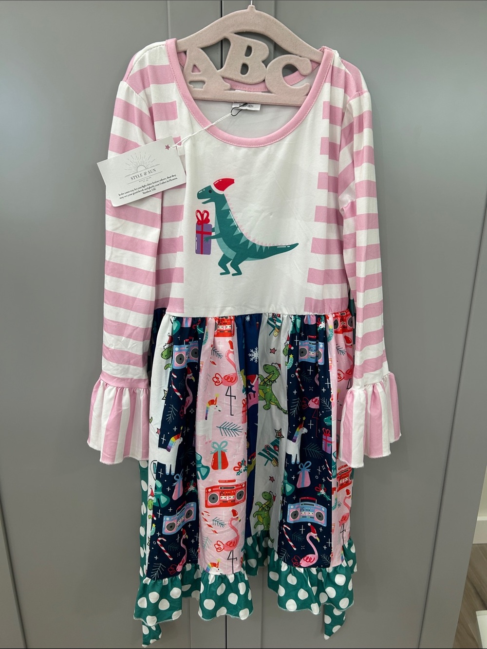 Boutique NWT Girls Christmas Twirl Dress 3XL 14 Milk Silk Dino Flamingo Pink